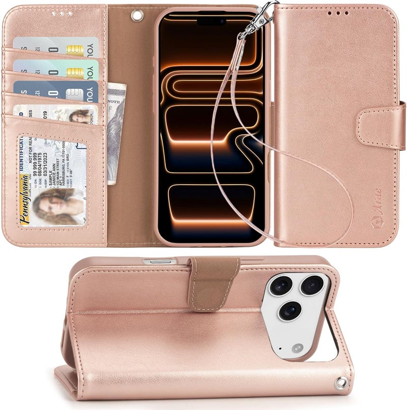 Arae Compatible with iPhone 17 Pro Max Case Wallet with Card Holder, Wristlet Strap Wallet Flip Cover for iPhone 17 Pro Max 6.9 inch Men/Women, RFID Blocking, Kickstand, Rose Gold - Image 1